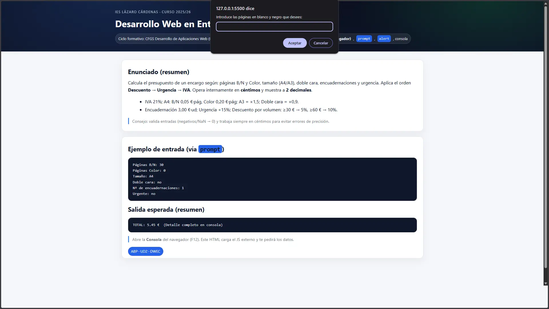 Captura de pantalla del proyecto Print Shop Estimator